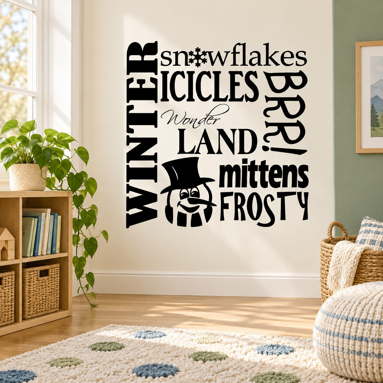 Winter wall decal with black snowflake and icicle typography, mitten and frosty icons