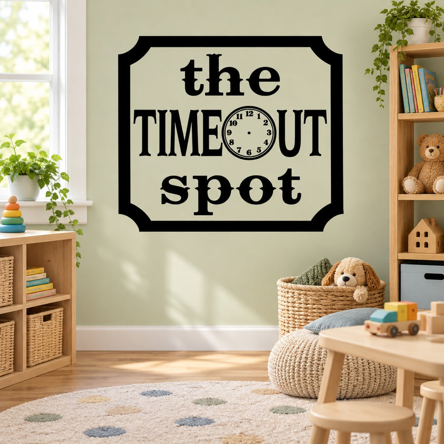 Timeout spot wall decal with black octagon frame and large bold typography