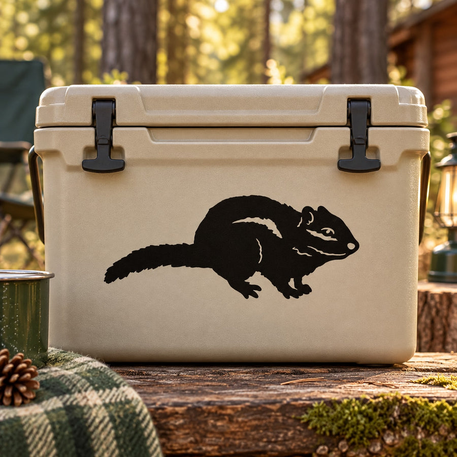 Chipmunk crawling decal sticker with black chipmunk silhouette on light surface.