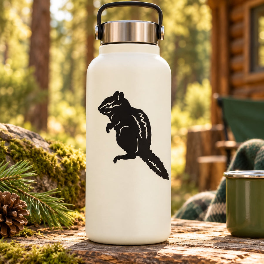 White water bottle with black standing chipmunk decal and metal handle lid
