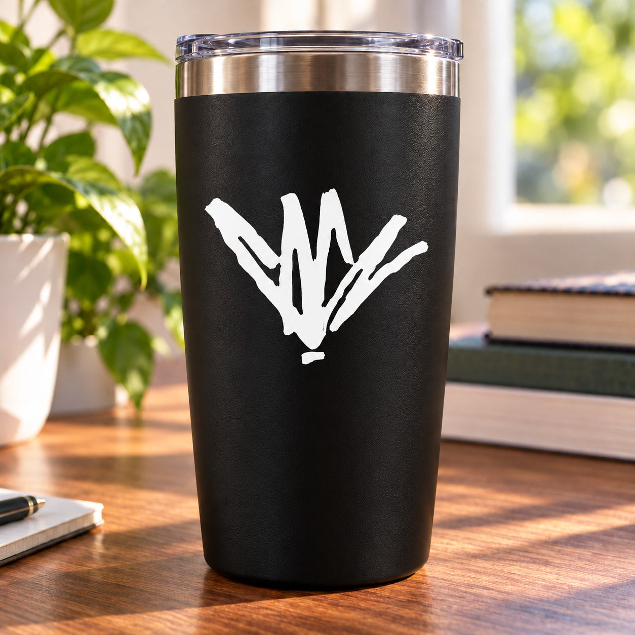 Chris Cornell decal on black tumbler, white hand symbol graphic