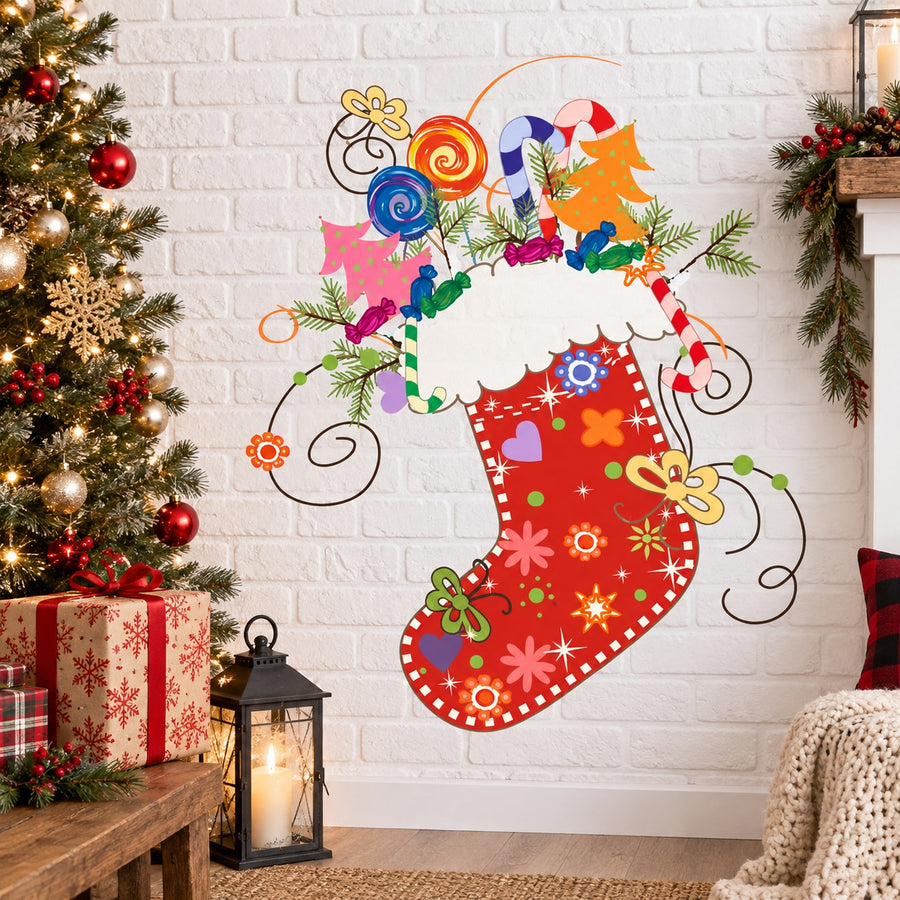Printed die-cut Christmas stocking decal with colorful ornaments
