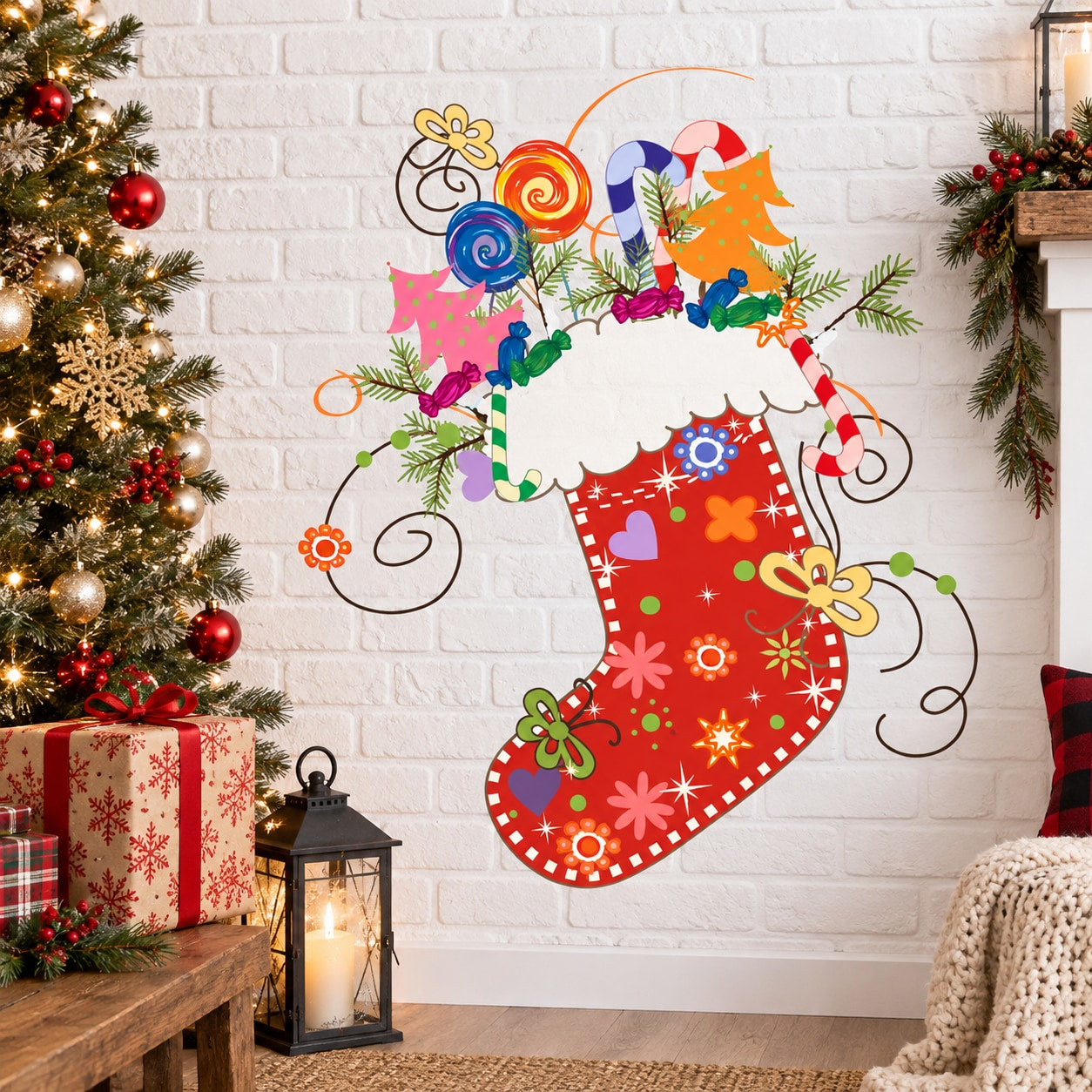 Printed die-cut Christmas stocking decal with colorful ornaments