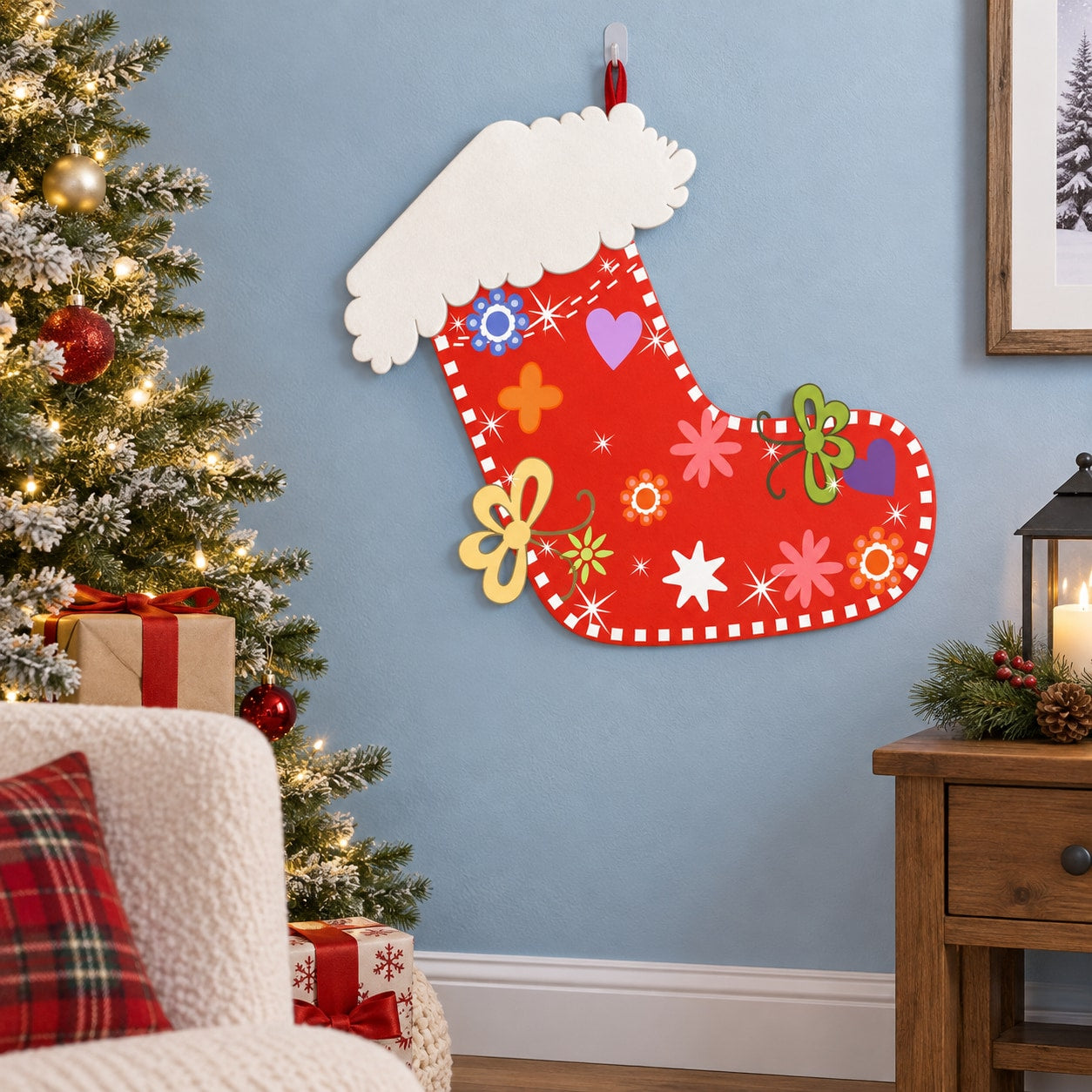 Decorated Christmas stocking decal, red with colorful flowers and stars, die-cut