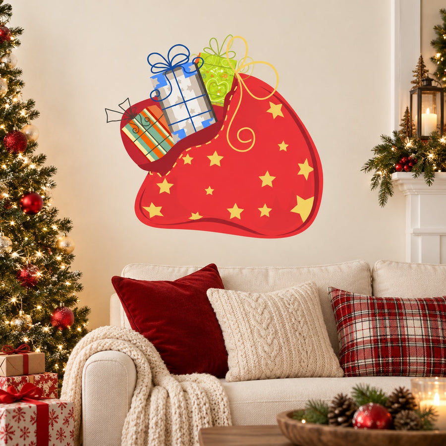 Red Christmas stocking decal with multicolor present graphics and yellow star pattern