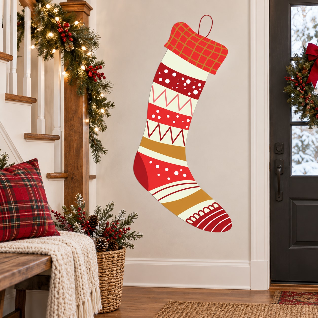 Red and white Christmas stocking with patterned stripes and gold top