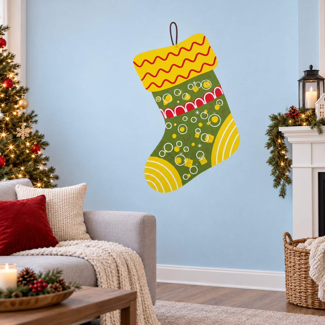 Christmas stocking wall sticker in green and yellow with red zigzag cuff
