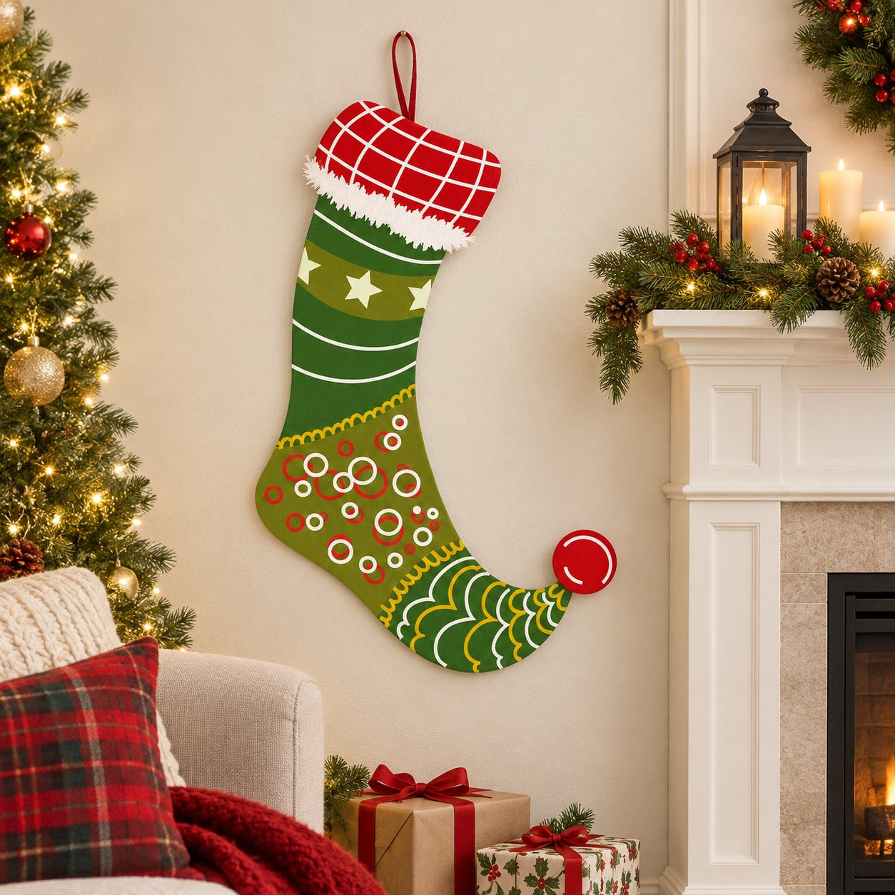 Elf stocking printed die-cut wall decal with red, green and white trim