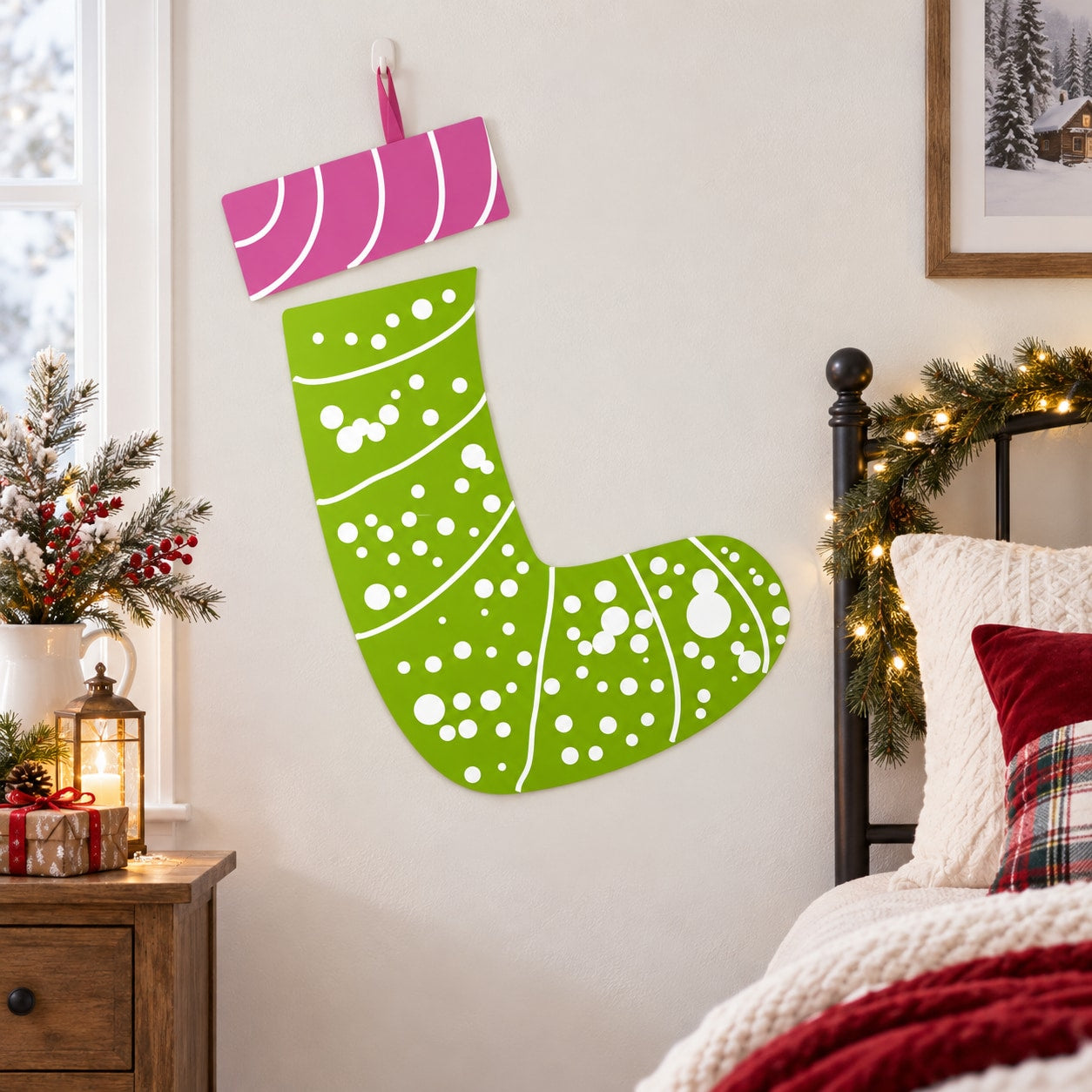 Green stocking-shaped die-cut decal with white polka-dot pattern