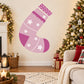 Pink stocking die-cut decal with white stars and purple zigzag top