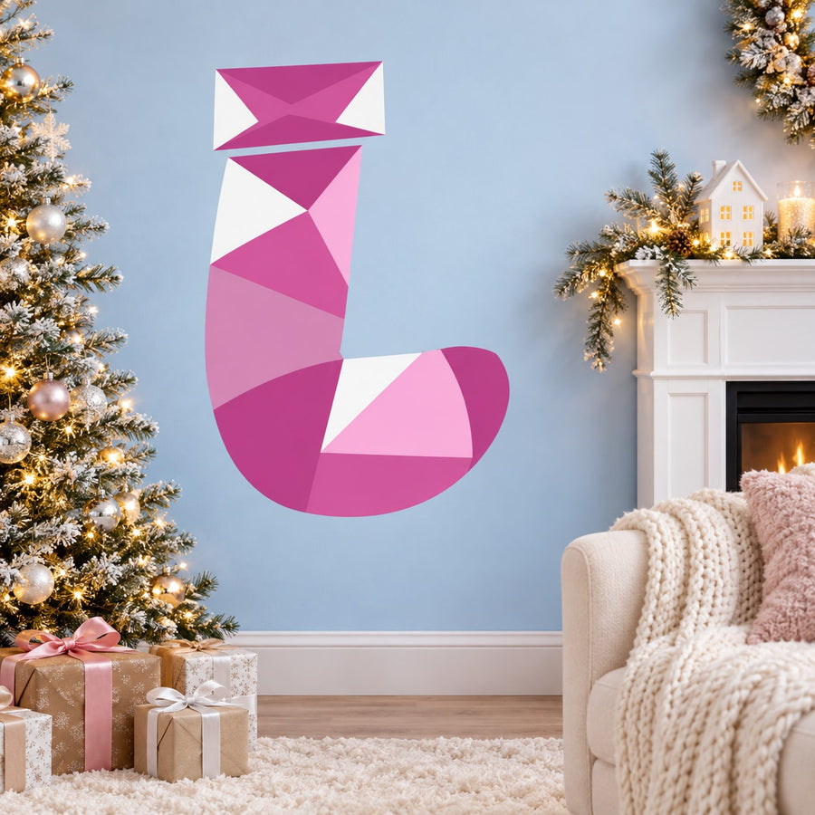 Purple origami-style letter J stocking decal with geometric folds