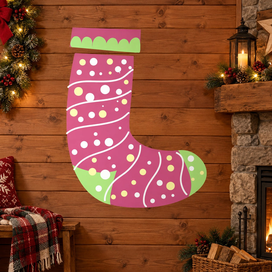 Purple and green stocking printed die-cut decal with white and yellow dot accents