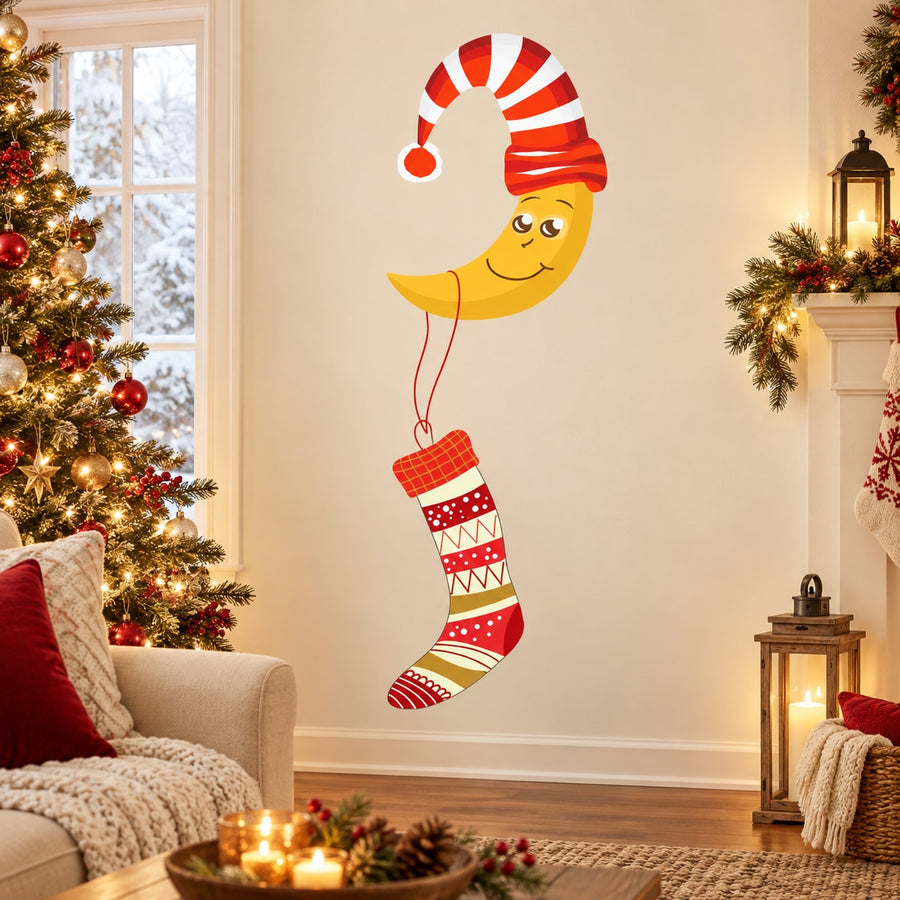 Moon holding a red striped stocking die-cut wall decal with a smiling face