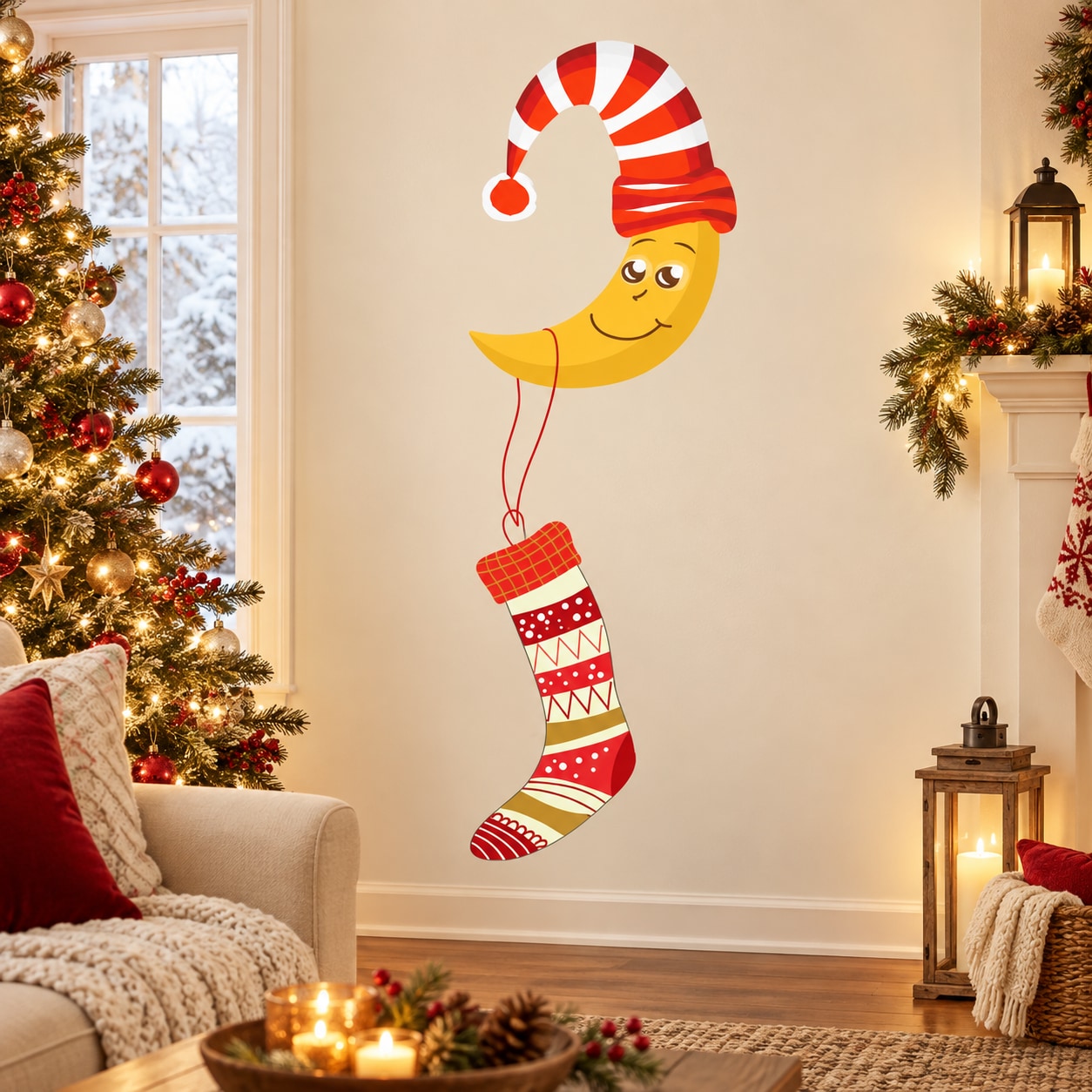 Moon holding a red striped stocking die-cut wall decal with a smiling face