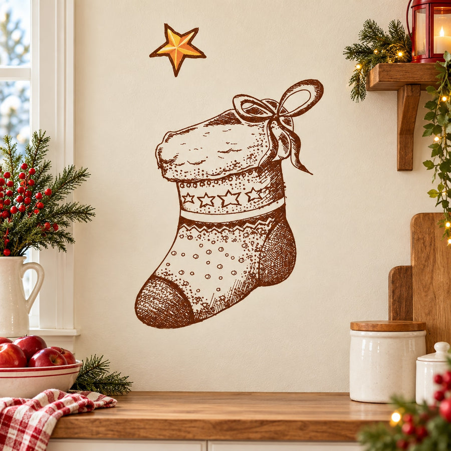 Brown sketched Christmas stocking star printed die-cut wall decal with bow