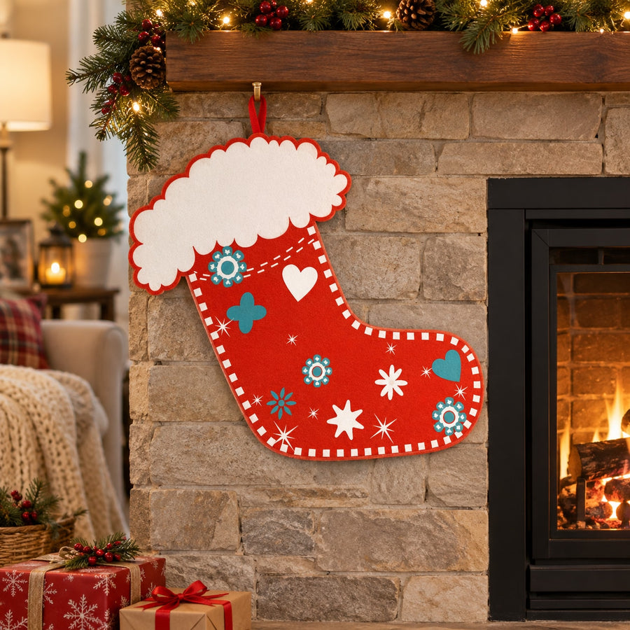 Fluffy red Christmas stocking sticker with white cuff and teal snowflake accents