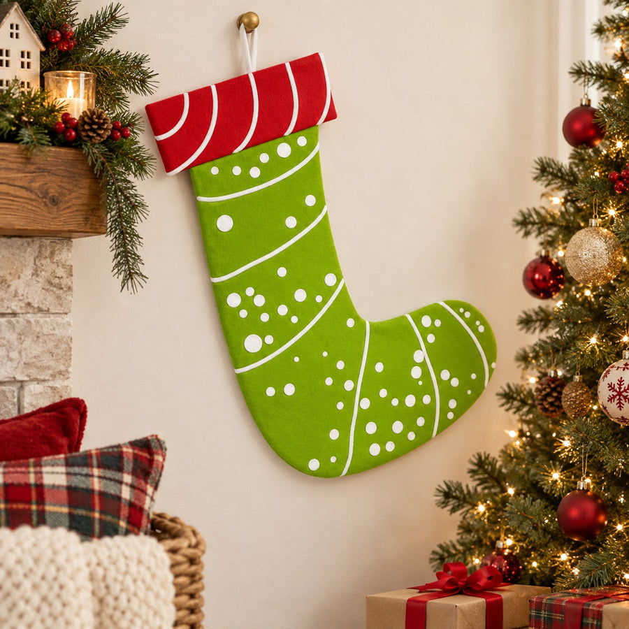 Green stocking sticker with red top band and white dot pattern