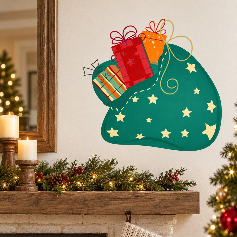 Green stocking die-cut decal with star pattern and colorful gift boxes