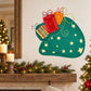 Green stocking die-cut decal with star pattern and colorful gift boxes