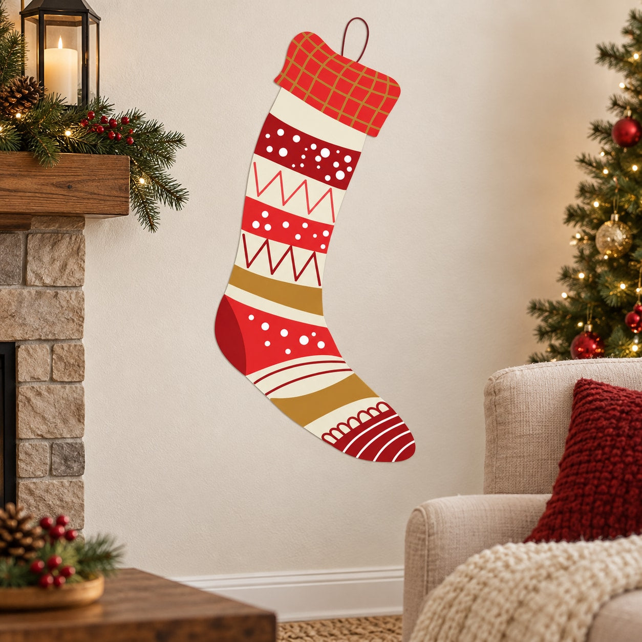 Red printed die-cut hanging stocking decal with striped and dot patterns