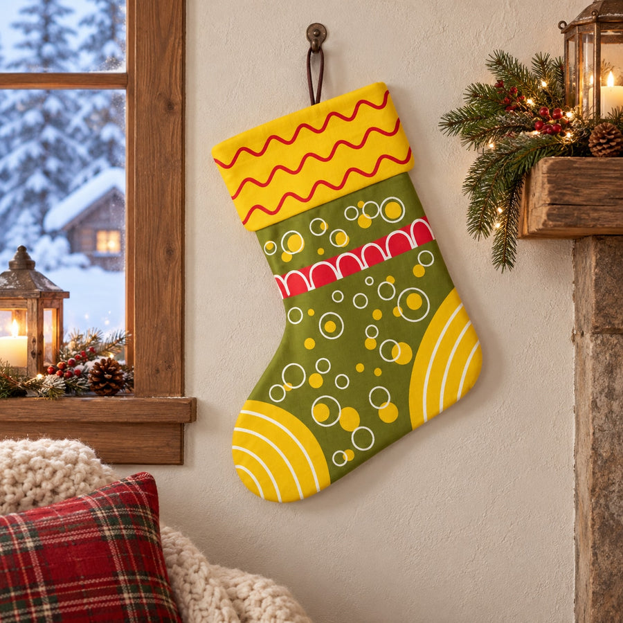 Hanging green stocking printed die-cut decal with yellow, red and white stripe and circle pattern
