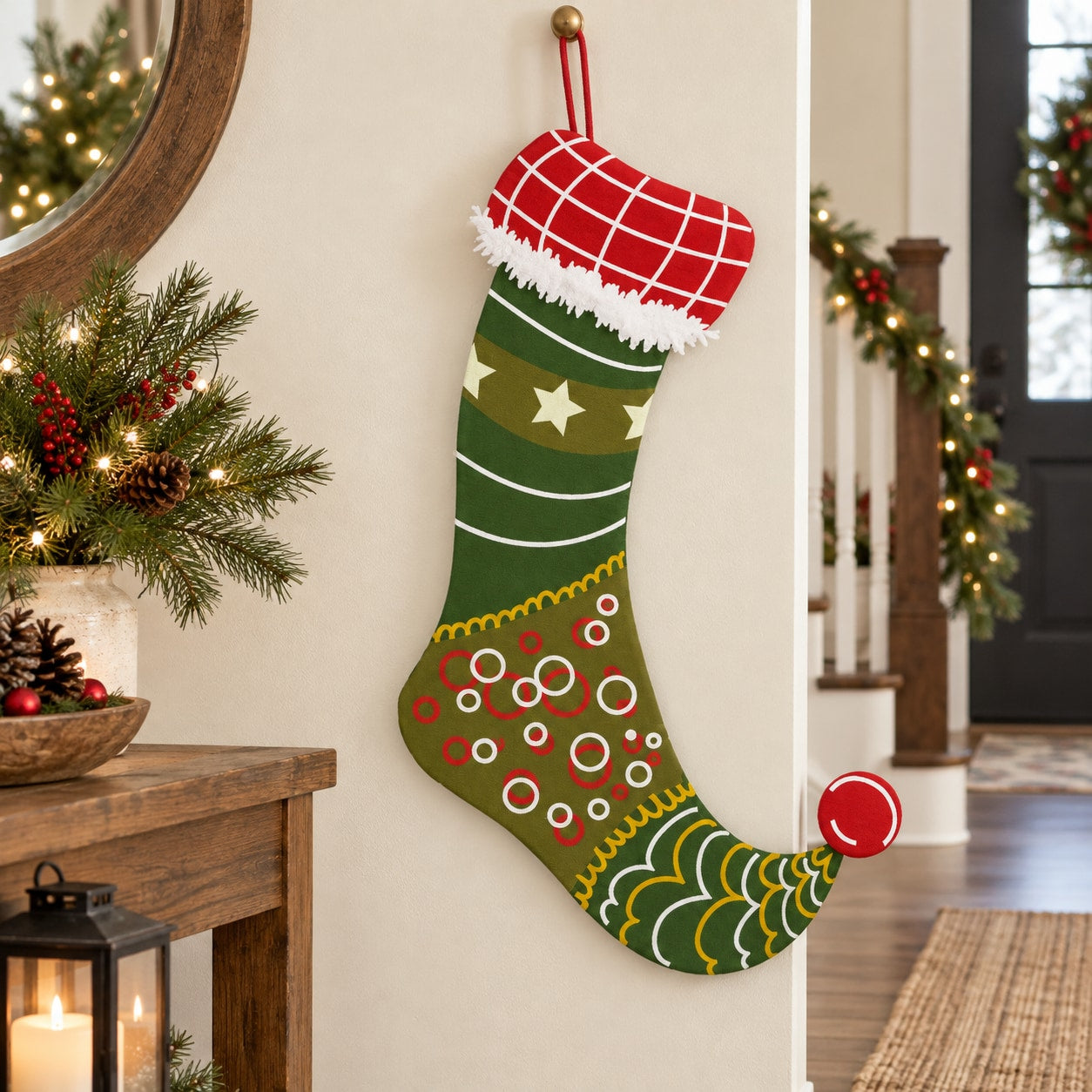 Hanging elf Christmas stocking wall decal, green and red with star and candy print