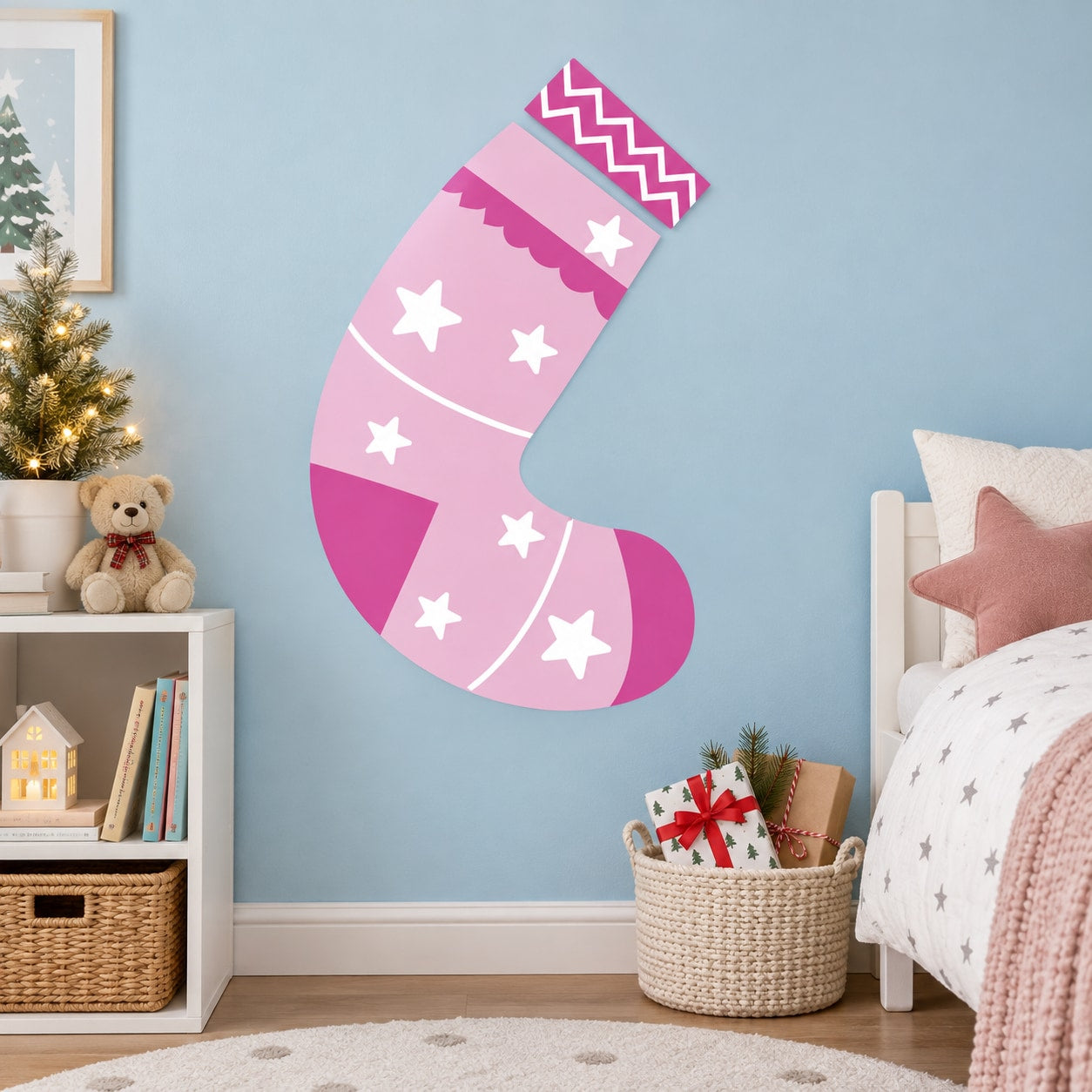 Pink stocking printed die-cut decal with white stars and zigzag top cuff