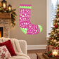 Hanging purple stocking decal with green accents and white polka dots