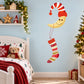 Smiling moon cartoon die-cut decal with Santa hat and red striped stocking
