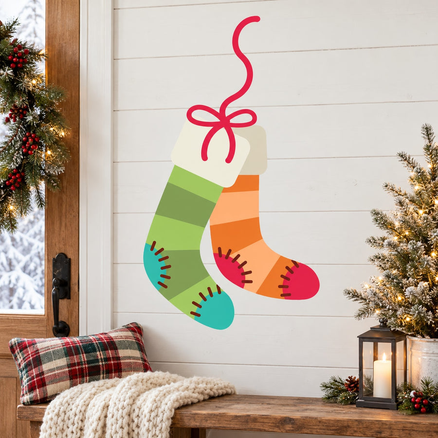 Colorful Christmas stocking decal set, two hanging socks