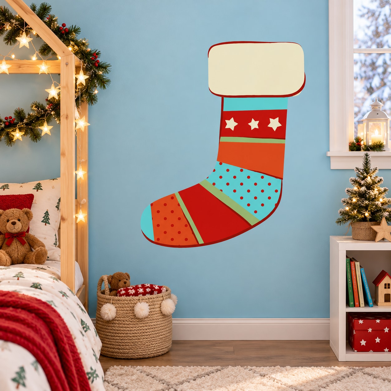 Red illustrated stocking printed die-cut decal with white stars and green trim