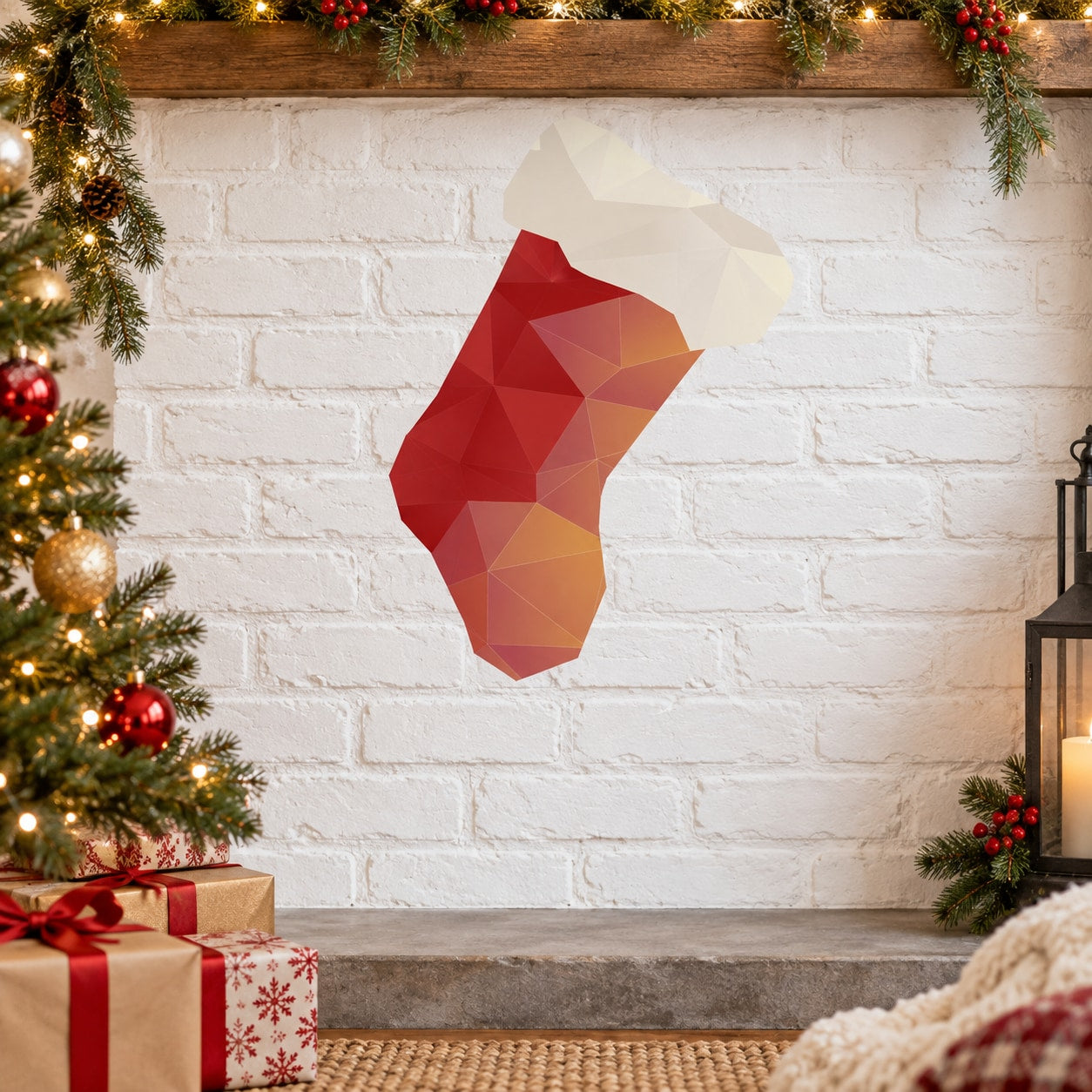 Origami Christmas stocking sticker with red, white, and beige geometric facets