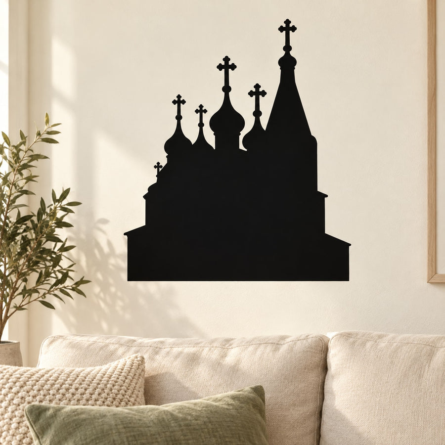 Black church silhouette wall decal with steeple and crosses