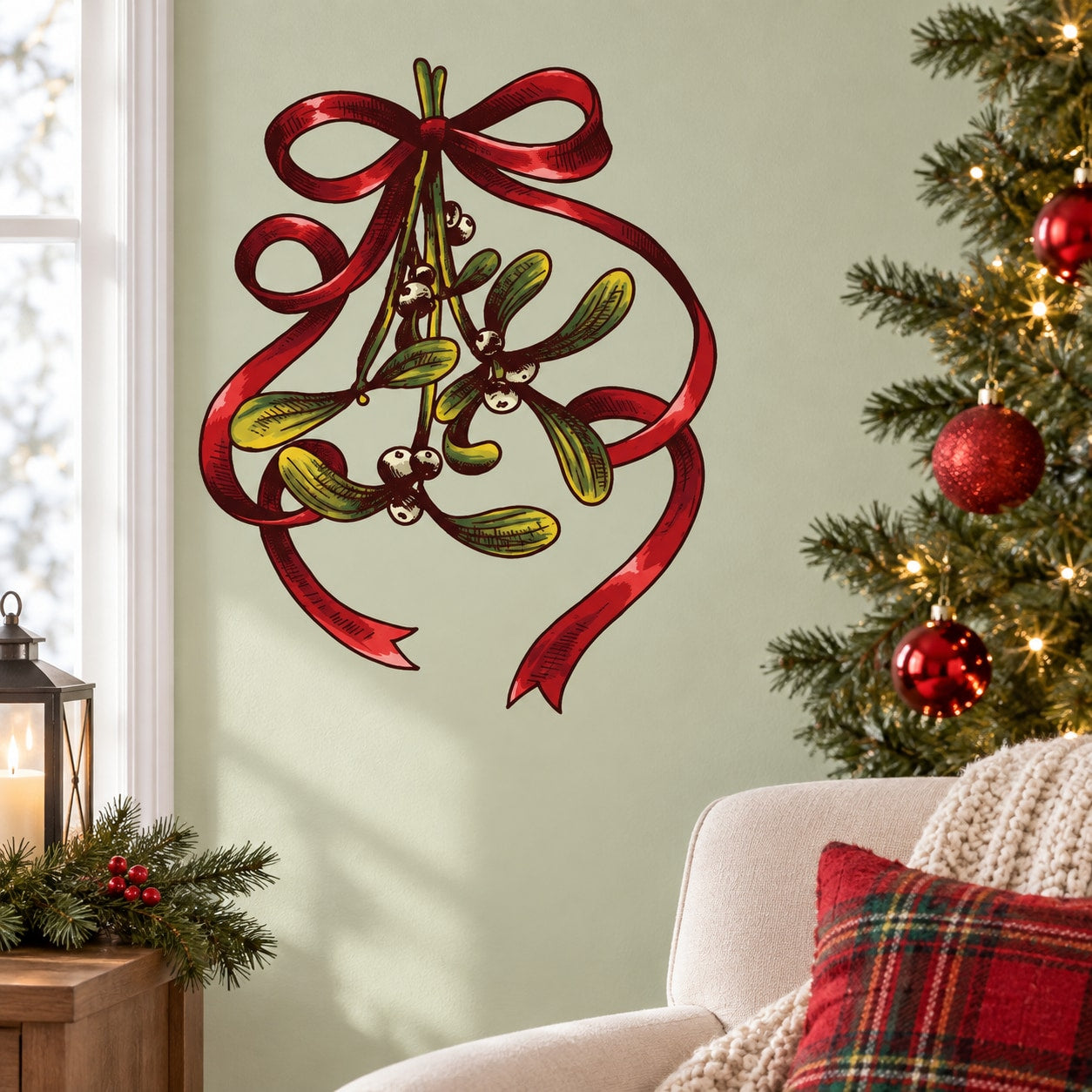 Red mistletoe decal with ribbon bow and green yellow leaves and berries