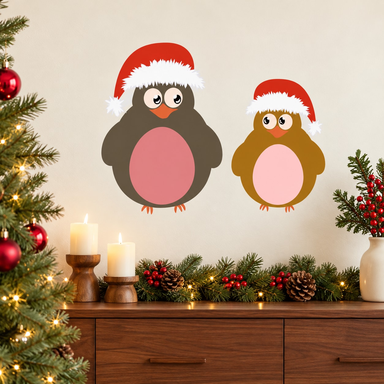 Christmas penguin stickers with red Santa hats, two smiling birds