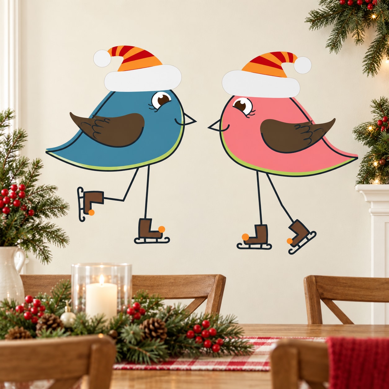 Set of two Christmas ice skating bird wall stickers, blue and red birds with skates.