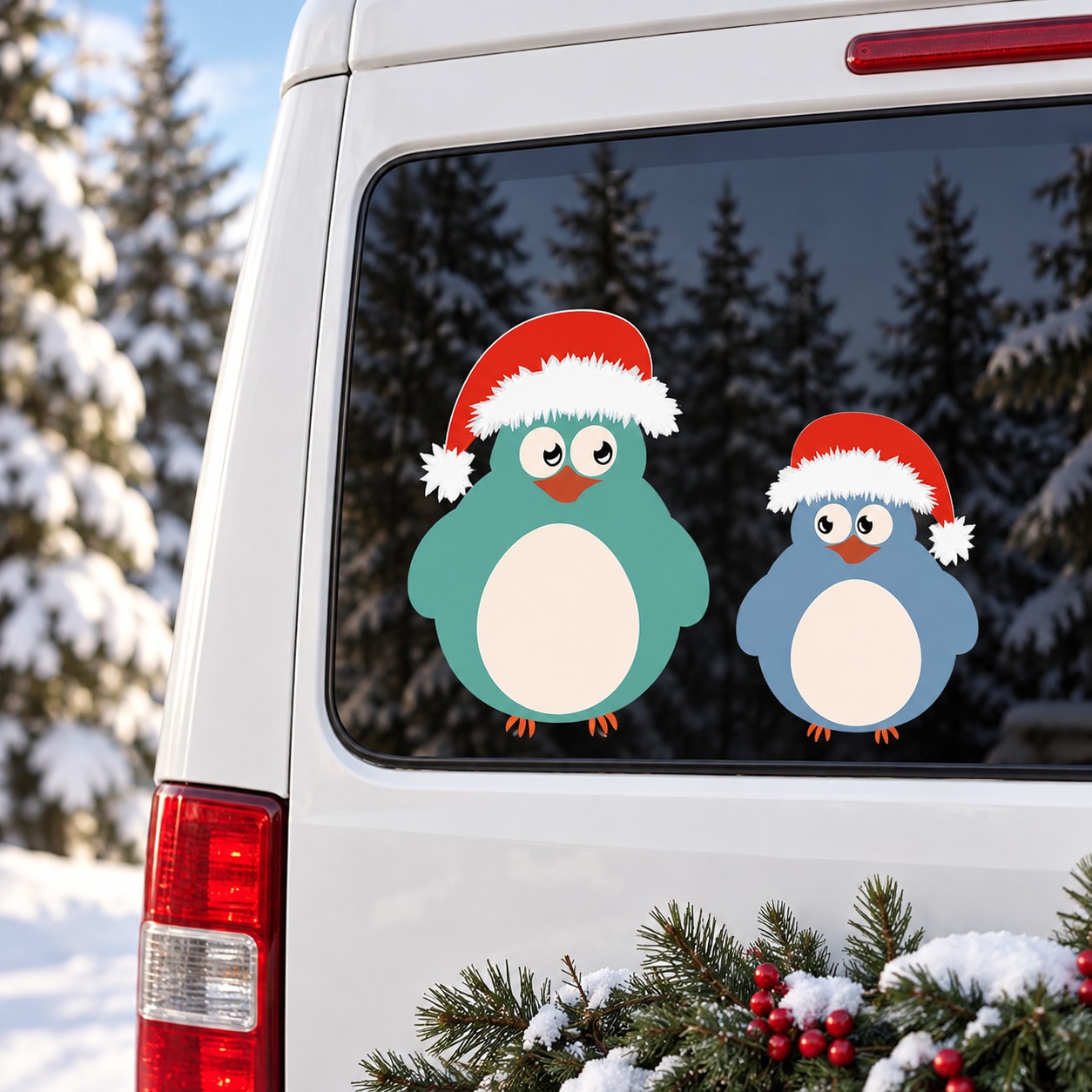 Christmas birds sticker: two teal birds in red Santa hats on a car window