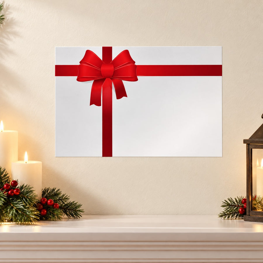 Rectangular gift bow sticker with red ribbon and large bow on white background