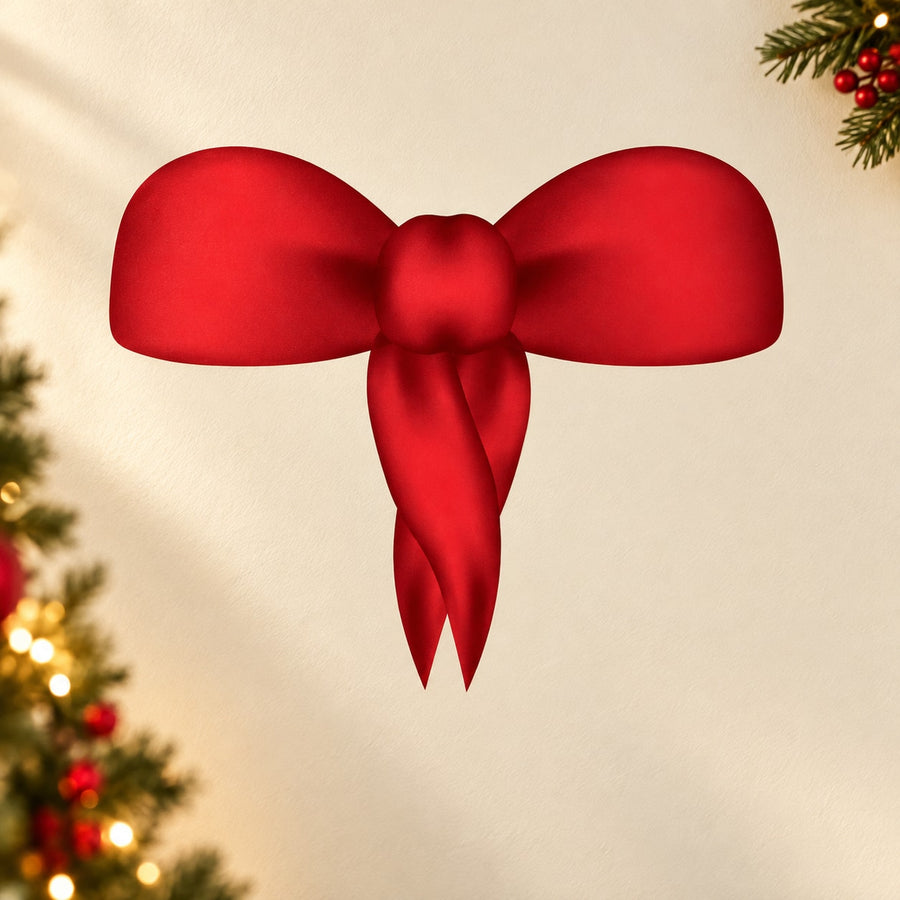 Red satin bow sticker with hanging ribbon tails