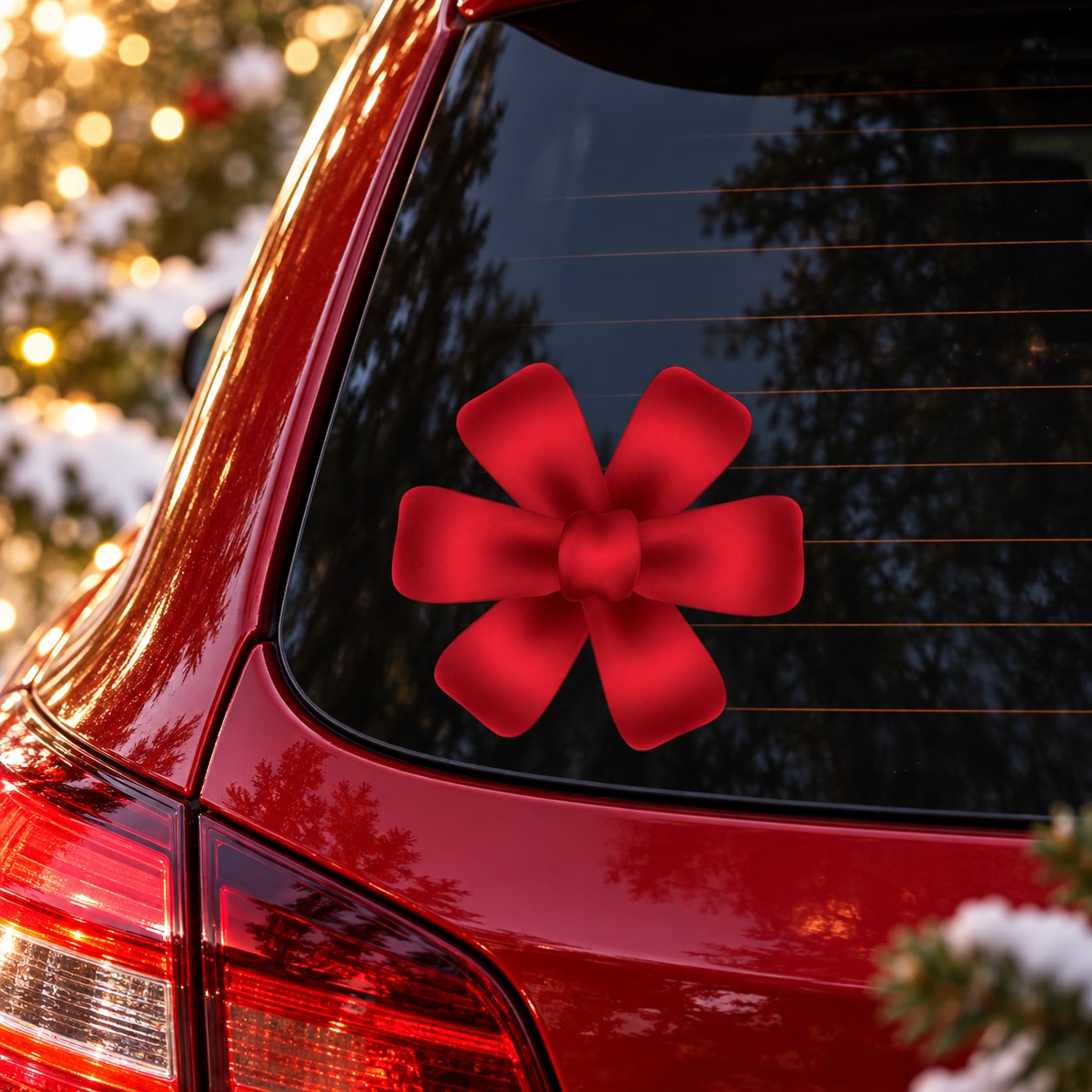 Red Christmas bow ribbon sticker on car rear window