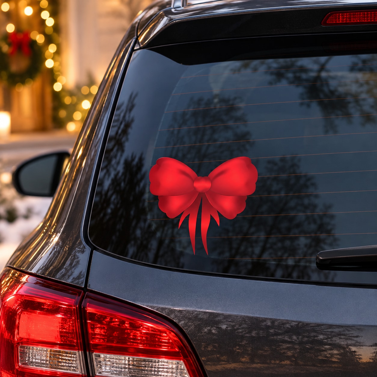 Christmas ribbon bow die-cut decal, red bow with hanging ribbon on car window