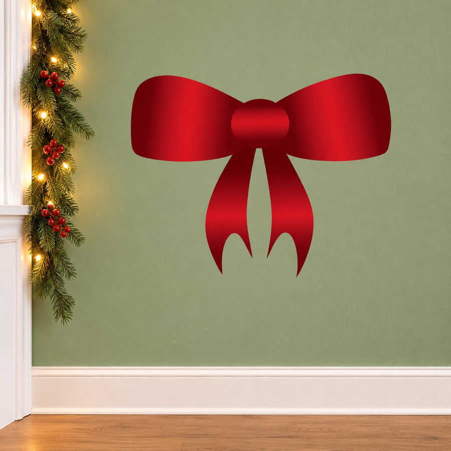 Red Christmas ribbon bow die-cut decal with hanging tails