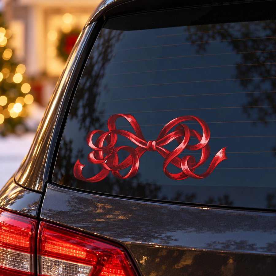 Red swirly ribbon bow Christmas sticker on car window glass