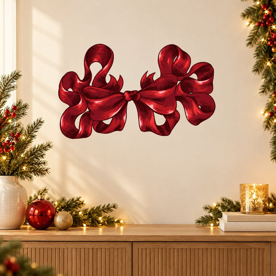 Red swirly ribbon bow sticker with glossy loops, Christmas holiday decoration