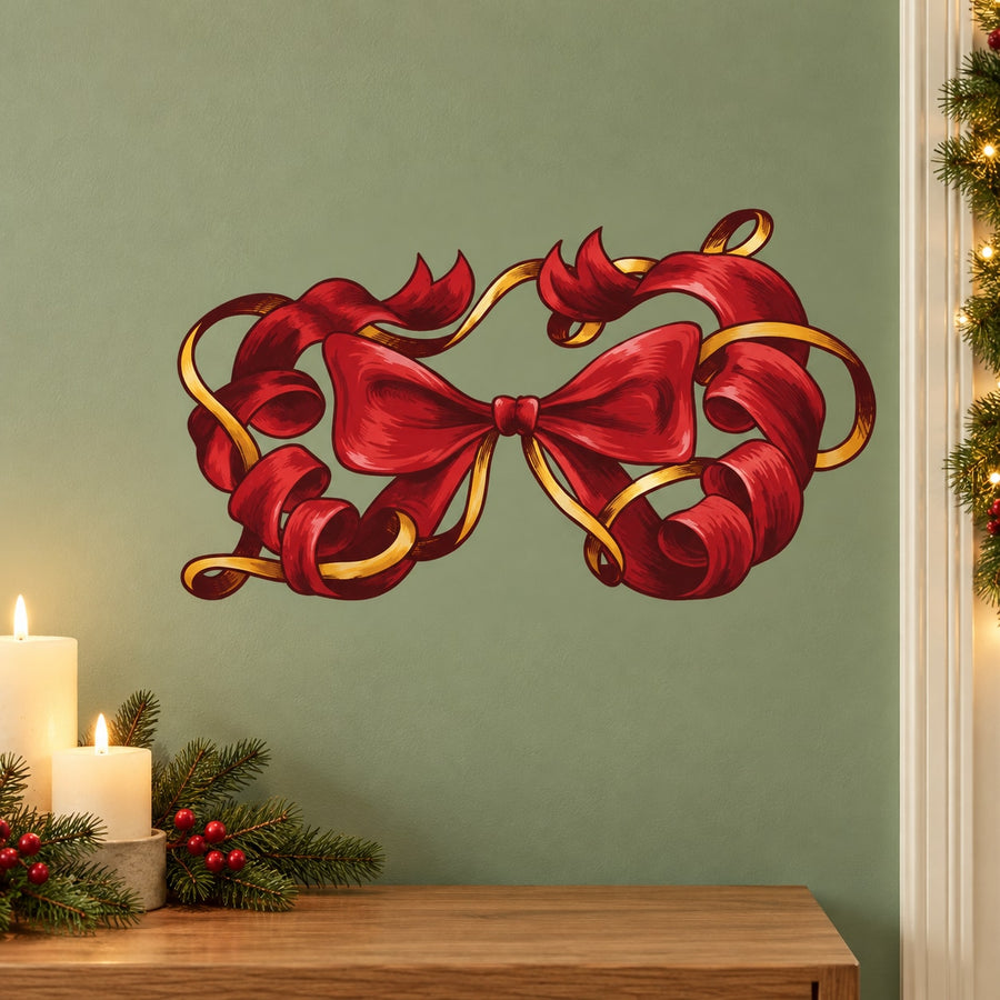 Christmas ribbon sticker with red bow and curled ribbon ends