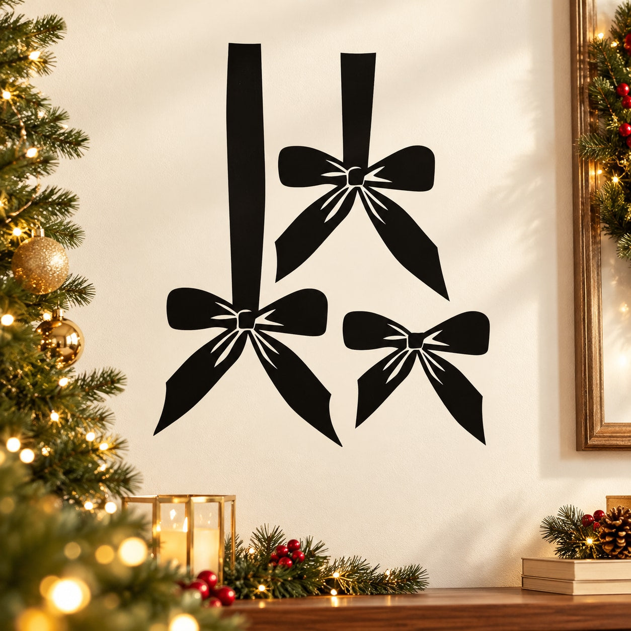 Black Christmas bow wall decal with three hanging ribbon bows