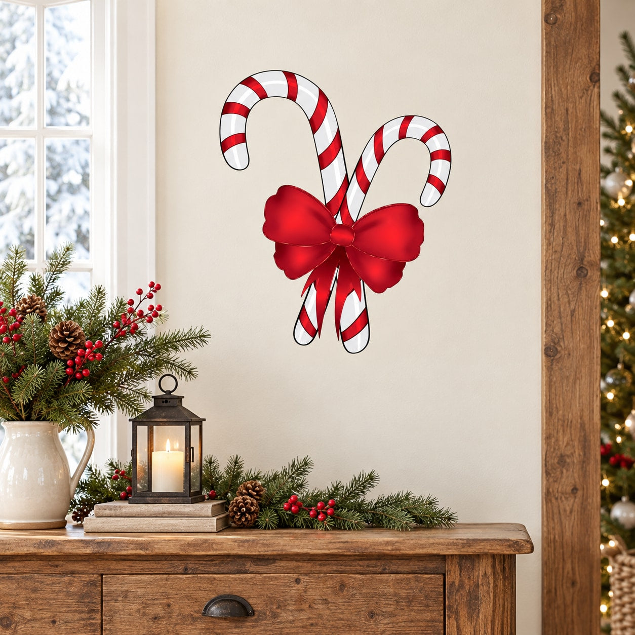 Candy cane and ribbon wall sticker, red bow with striped candy canes