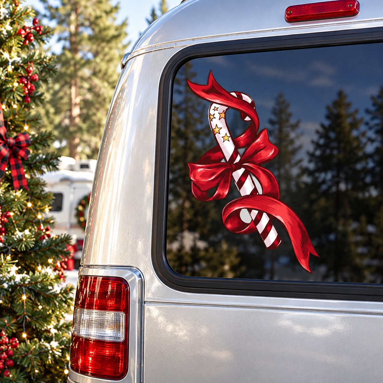Holiday candy cane sticker with red bow and striped candy cane design on window