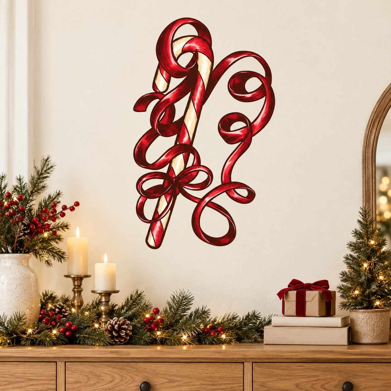 Candy cane sticker with red-and-white ribbon loops