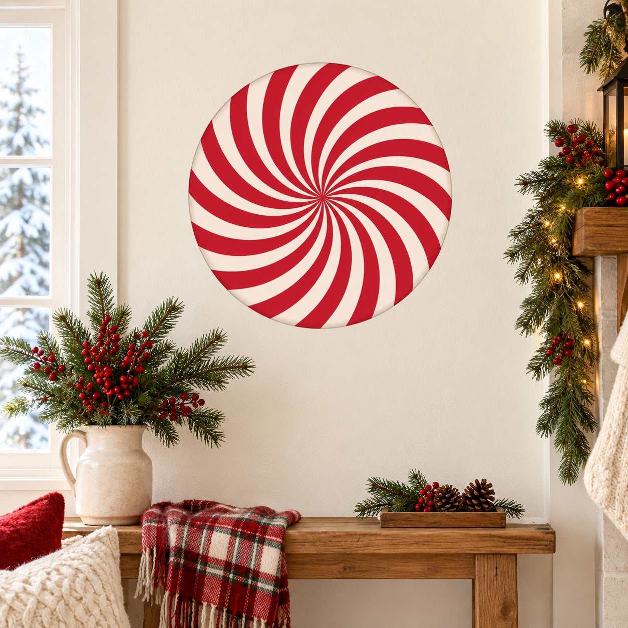 Round peppermint swirl sticker with red and white spiral stripes